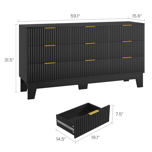 Image of Garvee 9 Drawer Dresser for Bedroom, 59 inch Wide Fluted Chest of Drawers with Metal Handle, Modern Wooden Dresser TV Stand, Clothes Storage Organizer Wood Closet for Hallway, Entryway, Black
