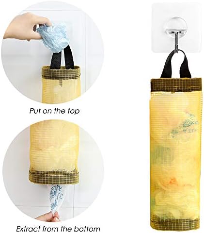AFUNTA Plastic bag holder, 4 Pcs Household Foldable Breathable Hanging Mesh Garbage Bags Organizer with 4 Pcs Hook Hanger for Home and Kitchen - Black/Yellow/Grey