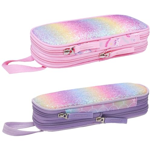 Image of Bagseri 2 Pack Pencil Case for Girls - Expandable Cute Pencil Pouch for Kids Large Capacity Pencil Bag Organizer for School (Purple Mermaid and Pink Unicorn)