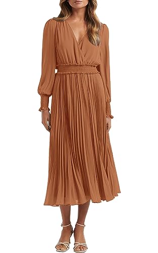 PRETTYGARDEN Damen Wickelkleid mit V-Ausschnitt für Hochzeitsgäste, lässig, plissiert, langärmelig, Midi-Kleid, Rüschen, gesmokt, langes Kleid,...
