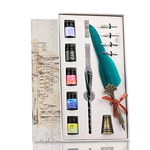 Dsaren 13 Pièces Stylo Plume de Calligraphie à Main Stylo Dip à Plume D'oie à Main Vintage Stylo Kit de Calligraphie Plume Ecriture avec Encrier 4 Plumes de Rechange Porte Stylo Boite Cadeau