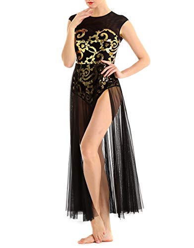 ACSUSS Womens Adult Sequins Ballet Dance Leotard Dress Lyrical Maxi Flowy Skirt Dancwear