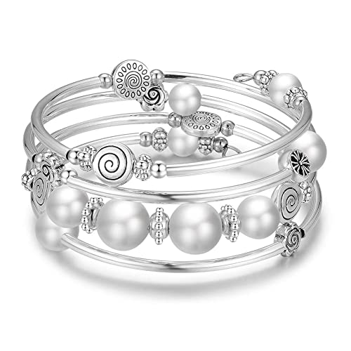 Bulinlin White Long Sweater Chain Necklace Beaded Wrap Bangle Pearl Bracelet Set #TOP5