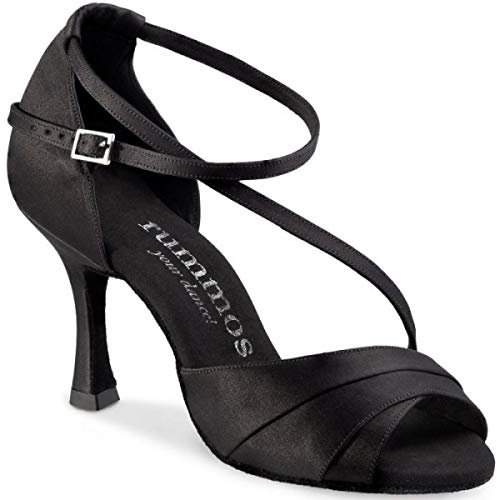 Chaussures de danse latine Rummos R304 041 en satin noir et talon flare de 7cm pour femme