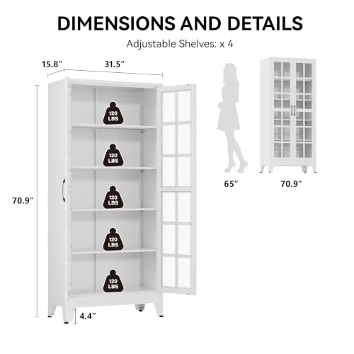 Image of COFaR 71 inch Tall Metal Storage Cabinet with Glass Doors and Shelves, White | 71-inch metal pantry cabinet with 5-tier storage, 4 adjustable shelves, square-grid glass doors, and black handles