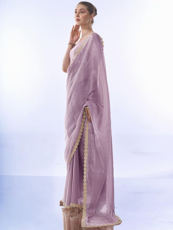 Image of ORHANS Women's Chiffon Saree with Unstitched Blouse Piece Solid Pattern and Laced Border | Lightweight Sarees for Woman | Plain Saris Daily Use | Womens Saree Modern Pattern| Stylish Saree