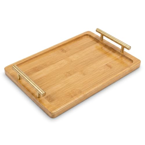 PEKER Wooden Serving Tray with Metal Handles, Black Decorative Coffee Table Tray for Breakfast in Bed, Ottoman & Home Décor, Wooden Food Tray for Kitchen