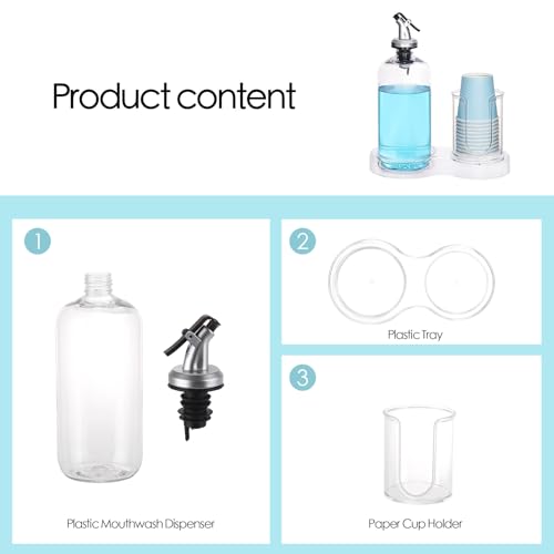 Image of Tbestmax Plastic Mouthwash Dispenser with Cup Holder, Clear Mouth Wash Pump Bottle with Tray for Bathroom Organizers, 16oz Refillable Mouthwash Container