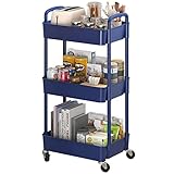Sywhitta 3-Tier Plastic Rolling Utility Cart with Handle, Multi-Functional Storage Trolley for Office, Living Room, Kitchen, Movable Storage Organizer with Wheels, Blue