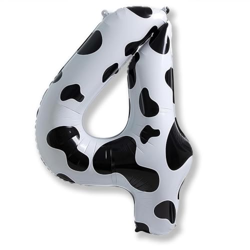 40 Inch Cow Print 4 Balloons Number for Kids, Big Self Inflating Foil Number Balloons for Girls Boys 4th Birthday Party Farm Animal Theme Baby Shower Cowboy Cowgirl Theme Party Decorations Supplies