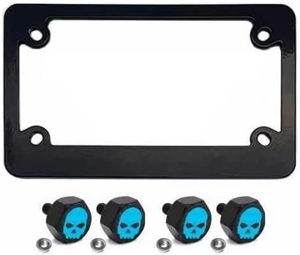 Metal Black Motorcycle License Plate Frame +Tag Fasteners Kit - Blue Skull G Style-9856-6875