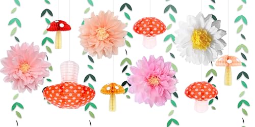 iwlorys Mushroom Party Decorations for Fairy First Birthday Baby Shower Tea Party Enchanted Forest Cottagecore Decor Red Mushroom Lanterns Honeycomb Balls Pink Daisy Flowers Leaf Garland