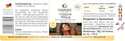 Folsäure 800µg - 100 Tabletten - schluckfreundlich - vegan & hochdosiert - Folic Acid - Vitamin B9 | Warnke Vitalstoffe - Deutsche Apothekenqualität