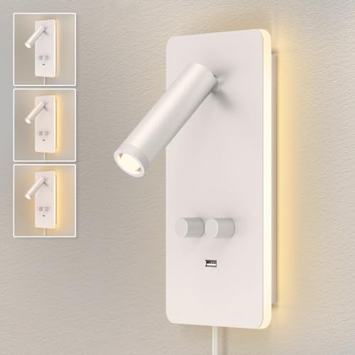 HYMELA M04 Stufenlos dimmbare Wandleselampe Nachttischlampe mit USB Anschluss Kopfteil Plug in Wandleuchten Verstellbares Kopfteil 1-6W Spotlight + 1-7W Umgebungslicht