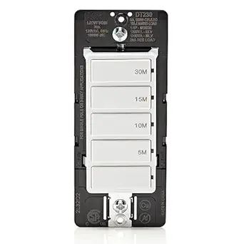 Leviton Countdown Switch for bathroom household lights, 5-10-15-30 min, Neutral Wire Required, 20A, 1HP/16A Fan/Motor, Single Pole, Multi-Way or Multi-Timer, DT230-1LW, White