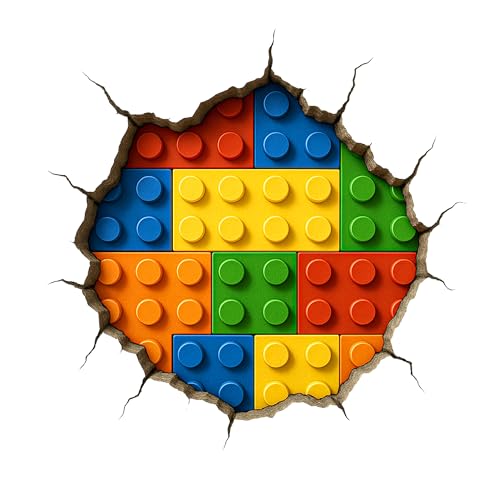 Autocollant mural 3D craquelé avec briques de construction colorées – Décoration amusante de chambre d'enfant pour chambre à coucher, salle de jeux ou crèche –...