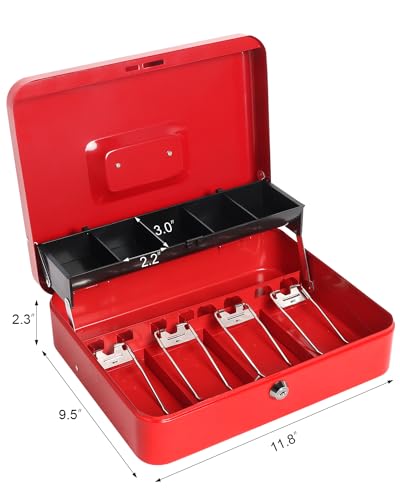 Lovndi Large Cash Box with Money Tray and Lock, Metal Money Box for Cash, Lockbox 11.8 x 9.5 x 3.54 Inches (Red key lock) - Thumbnail 5