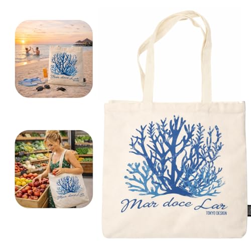 Bolsa Bag Linha Mar Alça de Ombro Dupla Longa Estampa Oceano Animais Marinhos Tema Desenho Sacola Ecologica Moda Praia Passeio Amplo Diário Pano Reforçada Feminina Leve Tamanho Grande (Mar Doce Lar)
