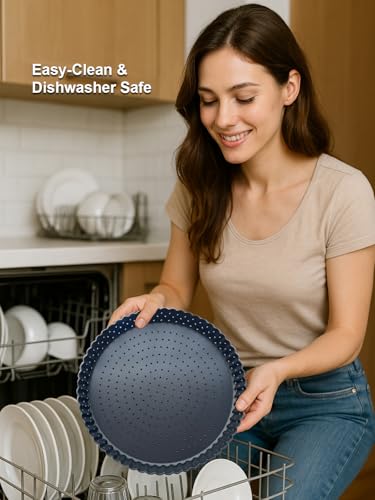 Image of 9 Inch Perforated Quiche Pan for Crispy Crust w /Cake Server. Removable Bottom, Non-Stick Coating, Rugged Carbon Steel Dish for Tart Quiche Pie Baking. Gift for Christmas Thanksgiving Party