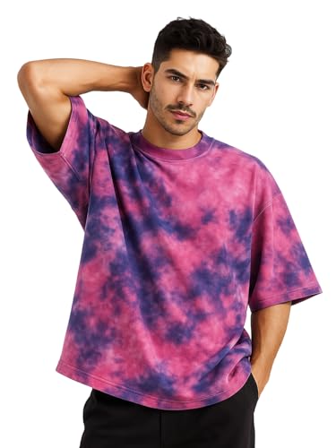 Image of Veirdo 100% Pure Cotton Round Neck Oversized Baggy Fit Drop Shoulder Cool & Cozy Tie & Dye Round Half Sleeve T-Shirt for Men (Sizes: S to 2XL)