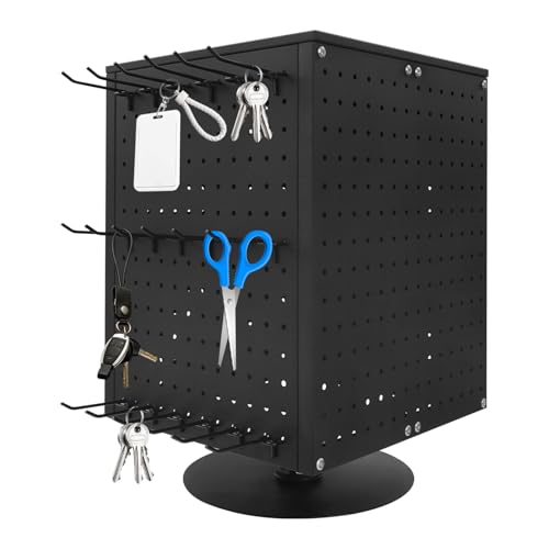 YUYFCC Rotating Pegboard Display Stand 4 Sided Spinning Peg Board Display Holder with 20 Hooks Modern Countertop Keychain Display Stand Rack Craft Organizer for Retail Store Jewelry Earring (Black)