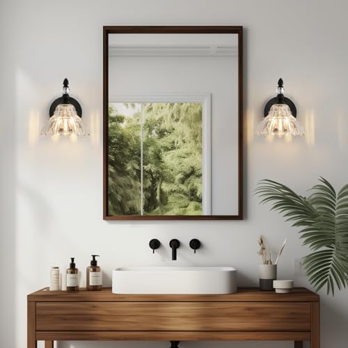 Image of Vintage Wall Sconces, Black Bathroom Sconces Set of 2, Indoor Hardwired Wall Lighting Modern Crystal Bedside Wall Lamp with Floral Glass Shade for Mirror Living Room Hallway