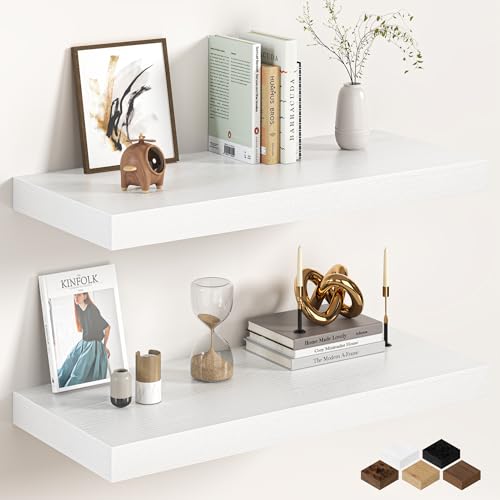 Image of 32Inch White Floating Shelves for Wall, 12 Inch Deep Shelves for Bedroom, Kitchen, Bathroom Wall Mounted, Rustic Wood Floating Shelf with Invisible Brackets for Books, Storage, Decor, 2 Packs