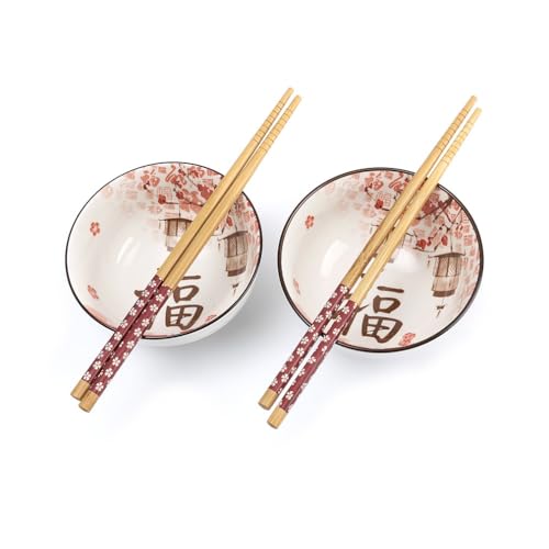 Lachineuse - Set aus 2 japanischen Kirschblüten-Schalen ⌀ 11cm - Reisschalen, Poke Bowl, Frühstück & Suppe - 2 Paar Essstäbchen - Asiatische Schale Japan Asien - Geschenk japanisches Geschirr