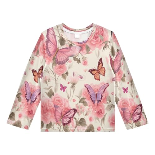 Boys Rash Guard Swim Shirt Long Sleeve UPF+ 50 Sun Shirts Quick Dry Shirt Butterfly Pink Rose for Toddler Kids