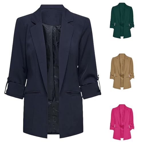 Womens Casual Blazer Lightweight Roll Up Sleeve Open Front Cardigan Jacket Work Office Suit Jacket Business Outwear4