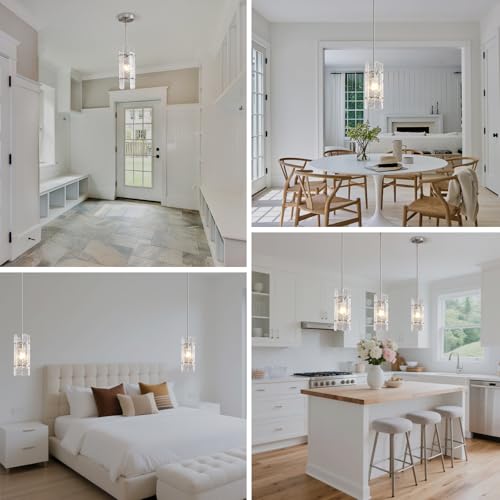 Brushed Nickel Glass Pendant Light for Kitchen Island, Luxury Mini Water Ripple Crystal Chandelier Fixture, Modern round Adjustable Hanging Pendant Lighting for Dining Room Bathroom Hallway (3-Pack) by KELUOLY - Used condition - Image 7