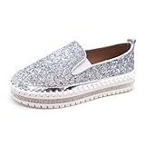 WXLZBNFKG Women's Platform Rhinestones Glitter Fashion Sneakers Comfortable Slip On Flat Loafers Walking Wedding Dress Shoes Casual Shoes Silver 43