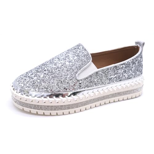 Image of Women's Platform Rhinestones Glitter Fashion Sneakers Comfortable Slip On Flat Loafers Walking Wedding Dress Shoes Casual Shoes