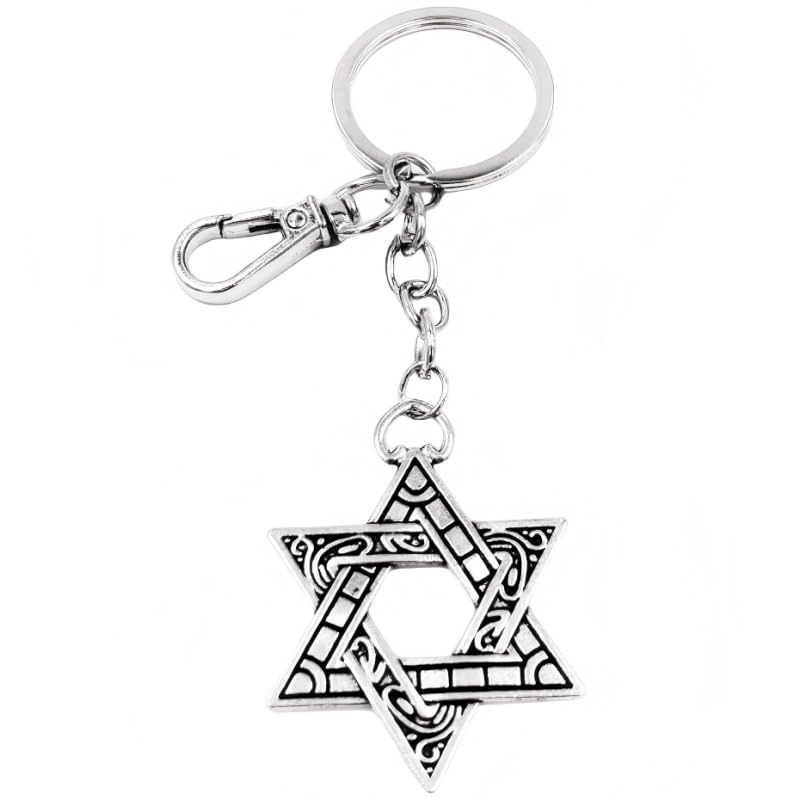 Porte Clés Étoile de David Juif Antique Délicat Pendentif pour Femme Charmes Sac à Main Israël Accessoire Cadeaux (Argent)