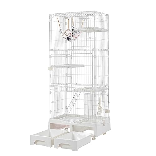 猫 ケージ【無害の?びにくいエポキシ?脂?料】トイレ・ハンモック・ャスター付 脱走防止 大型 キャットハウス【ホワイト】