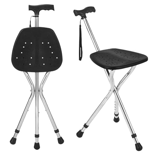 Bastón con asiento, capacidad de 120 kg, tabla de asiento grande en cinco posiciones de altura ajustable, caña y taburete de doble uso, bastón con asiento para adultos en reposo, personas mayores y Bastón con asiento, capacidad de 120 kg, tabla de asiento grande en cinco posiciones de altura ajustable, caña y taburete de doble uso, bastón con asiento para adultos en reposo, personas mayores y