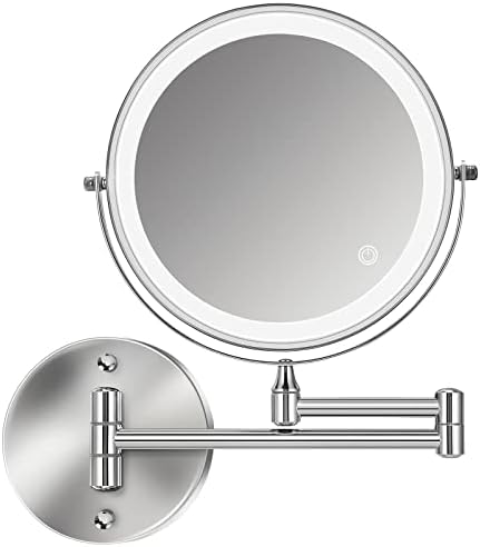 Rechargeable Wall Mounted Lighted Makeup Mirror 8 inch Double Sides 1X/10X Magnifying LED Makeup Mirror with 3 Color Lights Touch Screen Dimmable 360° Swivel Extendable Bathroom Mirror Shaving Mirror