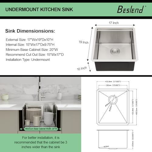 17 Undermount Kitchen Sink - Beslend Under Counter Ledge Workstation Undermount Bar Sinks Stainless Steel 16 Gauge Single Bowl Stages 10 Inch Deep Rv Wet Bar Outdoor Camper Prep Sink 17x19 Inch