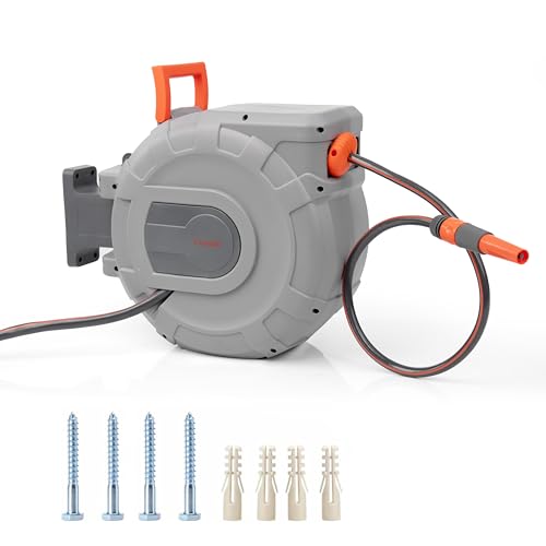 Crystals Hose Reel – Wall Mounted Hose Reels for Garden, Retractable, Auto Lock & Auto Rewind Pipe 180°, Includes Wall Fixings & Ready for Outdoor Use with Nozzle, Accessories, Grey (15m Hose Reel)