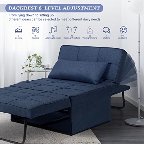 Saemoza Sofa Bed, Ottoman Bed 4 In 1 Multi-Function, Folding Sleeper Chair, Modern Breathable Linen Guest Sleeper Bed With Pillow For Small Space, Navy Blue #TOP3