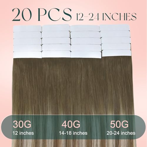 Image of Easyouth Human Hair Extensions Tape in Balayage 20In Tape in Hair Extension Human Hair Dark Brown Ombre Brown Mix Blonde, Blend Seamlessly with Your Own Hair, Soft Hair Extension Tape in 20pcs 50g