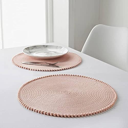 GBS Round Braided Placemats Set Of 4 For Dining Table - Circle Waterproof Washable Table Mats - Non Slip Heat Resistant Vinyl Wipeable Place Mats - 4 Pcs 15 Inches Tableware Essentials - (Blush)