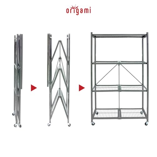 Image of Origami 4-Pack R5 Storage Rack, 4-Tier Heavy-Duty Foldable Steel Shelf with Wheels, Gray