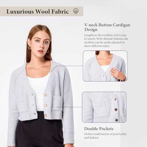 Image of Simple&Opulence Women's Cashmere Cardigan Sweater, Cashmere Long Sleeve V Neck Open Front Cardigan with Pocket