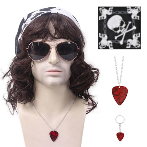Protesi Capelli Uomo, Parrucca da Uomo Anni '80 Parrucca Lunga Nera Riccia per Costume Anni '80 Uomo Donna Mullet Rocker Costume Parrucca con Accessori