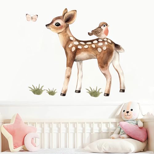 Vinilo Decorativo Cute Fawn and Bird Cartoon miniatura 1
