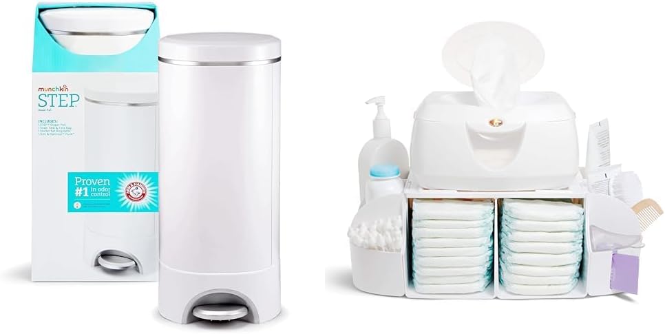 Step Diaper Pail and Diaper Change Organizer Bundle - Award-Winning Odor Control Pail Includes 1 Refill
