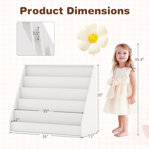 Image of HONEY JOY Kids Bookshelf, 5-Tier Wooden Toddler Bookcase, Children Book Rack & Magazine Display Shelf, Toy Storage Organizer, Book Shelf for Kids Rooms, Playroom, Nursery, Classroom (White)