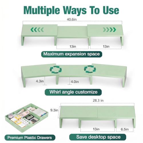 Image of OPNICE Dual Computer Monitor Stand Riser, Desk Organizer with Drawer, Office Desk Accessories & Workspace Organizers for Home Office Supplies, Green