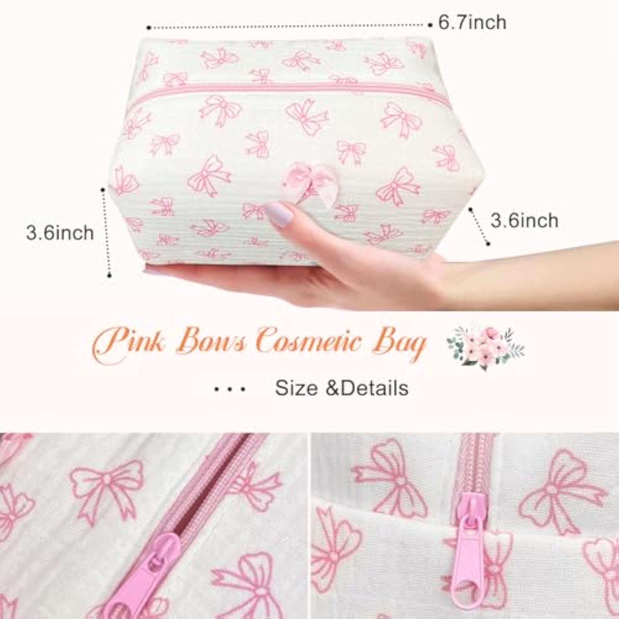 Coquette Pink Bows Quilted Makeup Pouch, Travel Organizer